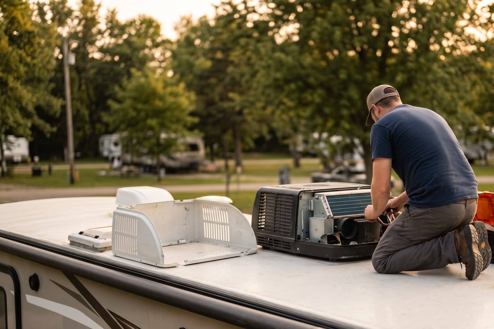 A rooftop air conditioner unit mounted on an RV.