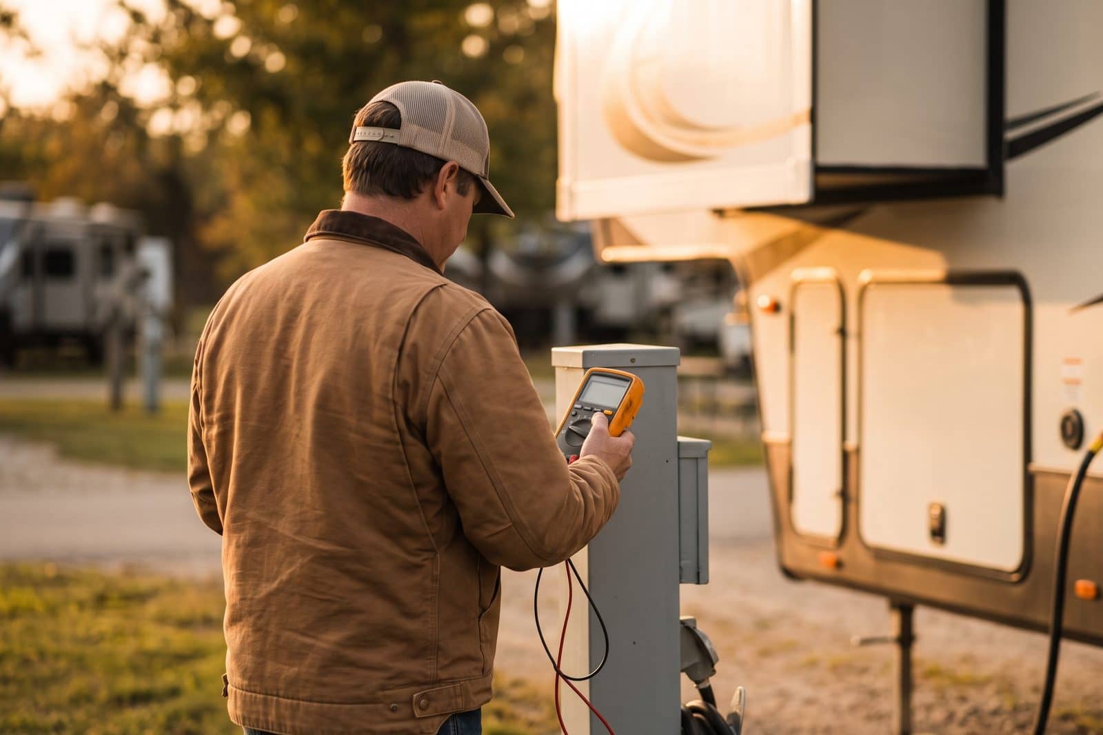 An RV shore-power hookup and electrical pedestal at a campsite.