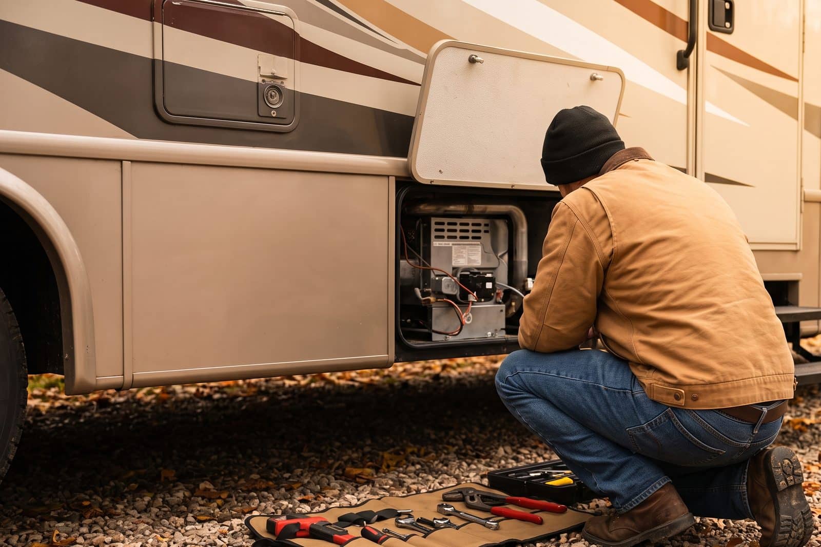 An RV parked in a cold-weather Michigan setting.