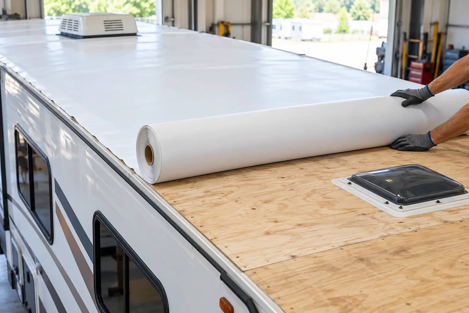 Illustrative view of a new white roof membrane being unrolled over an RV roof deck.
