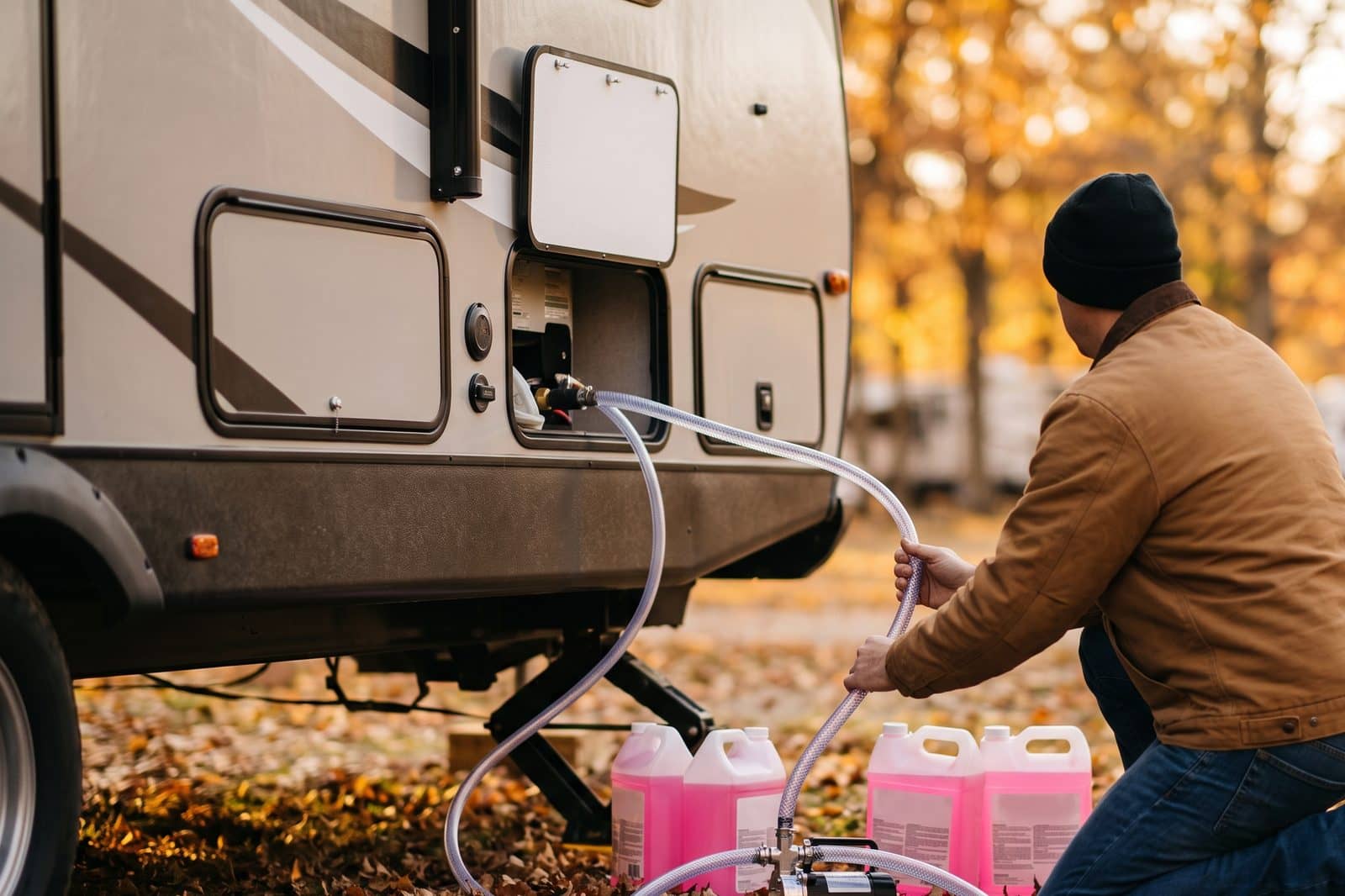 An RV covered and stored for the Michigan winter.