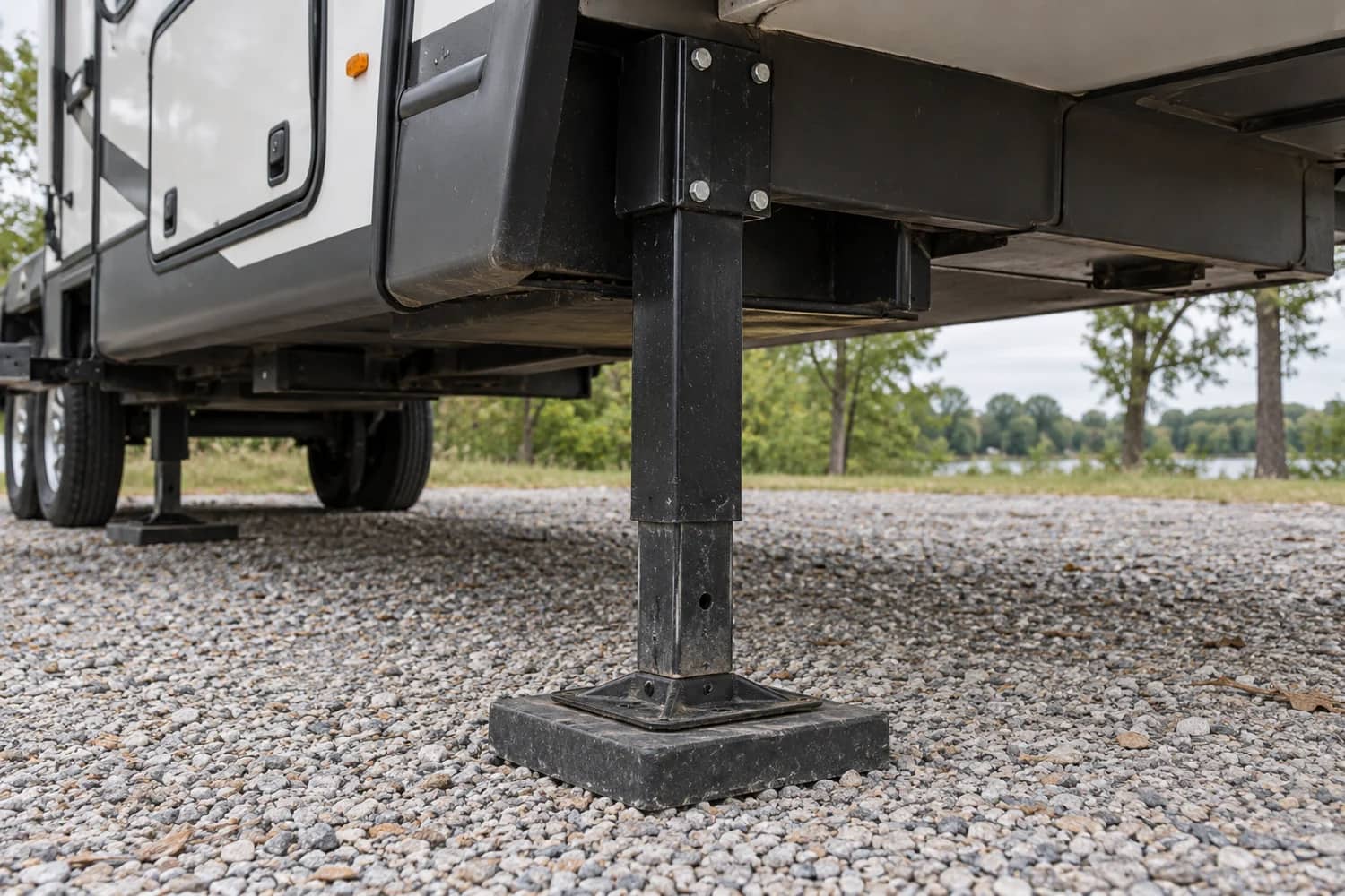 A fifth-wheel RV landing jack resting on a leveling pad at a gravel campsite.