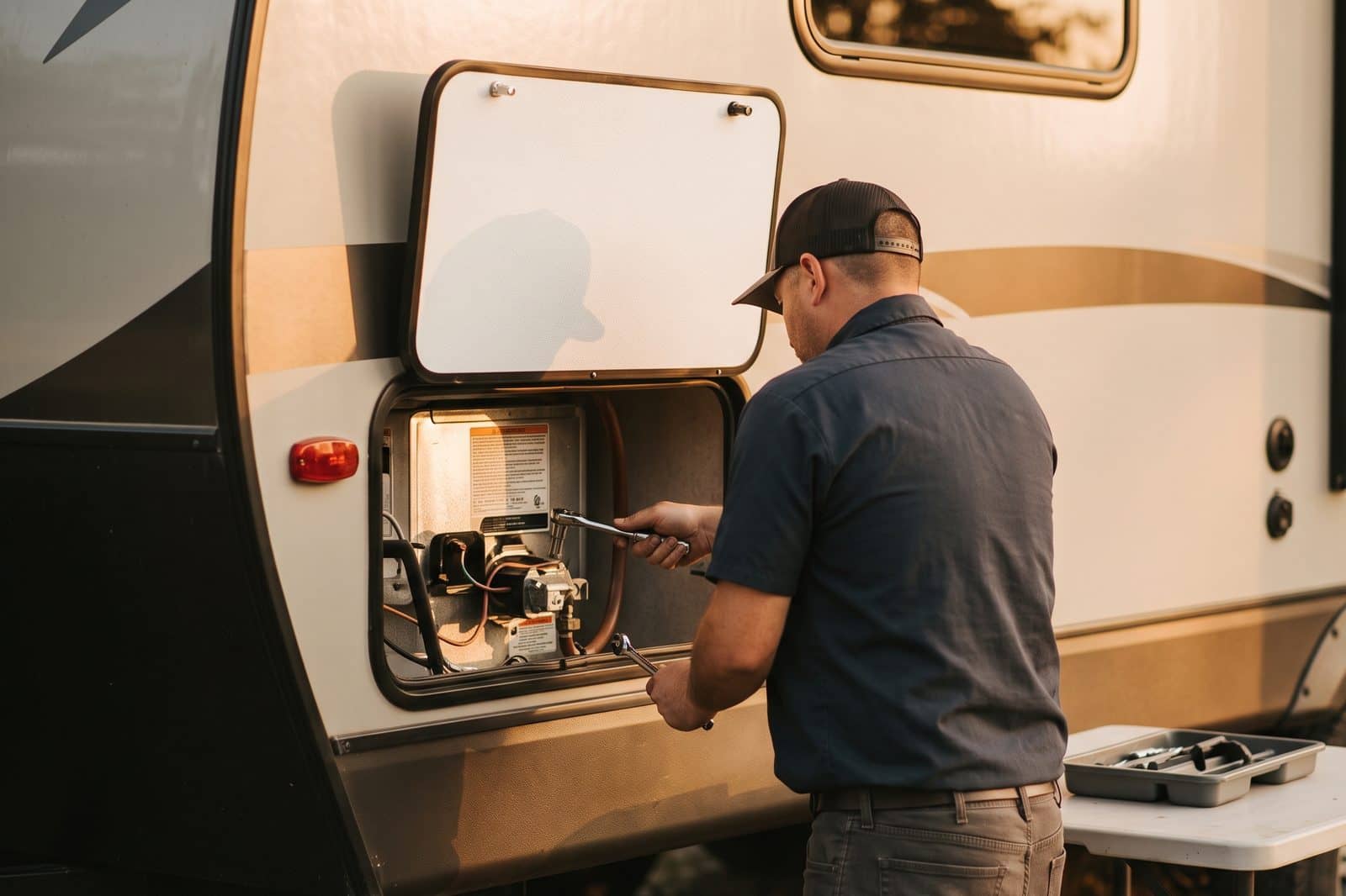 The kitchen and plumbing fixtures inside an RV.